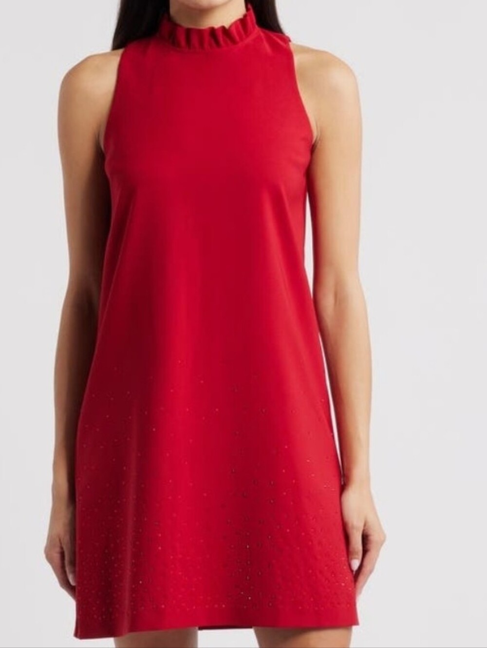 Anne Klein Red Sleeveless Shift Dress with Ruffled Neck